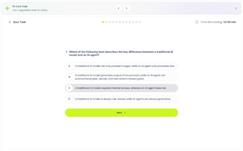 Metana learning platform quiz interface showing a multiple choice question about traditional AI models versus AI agents