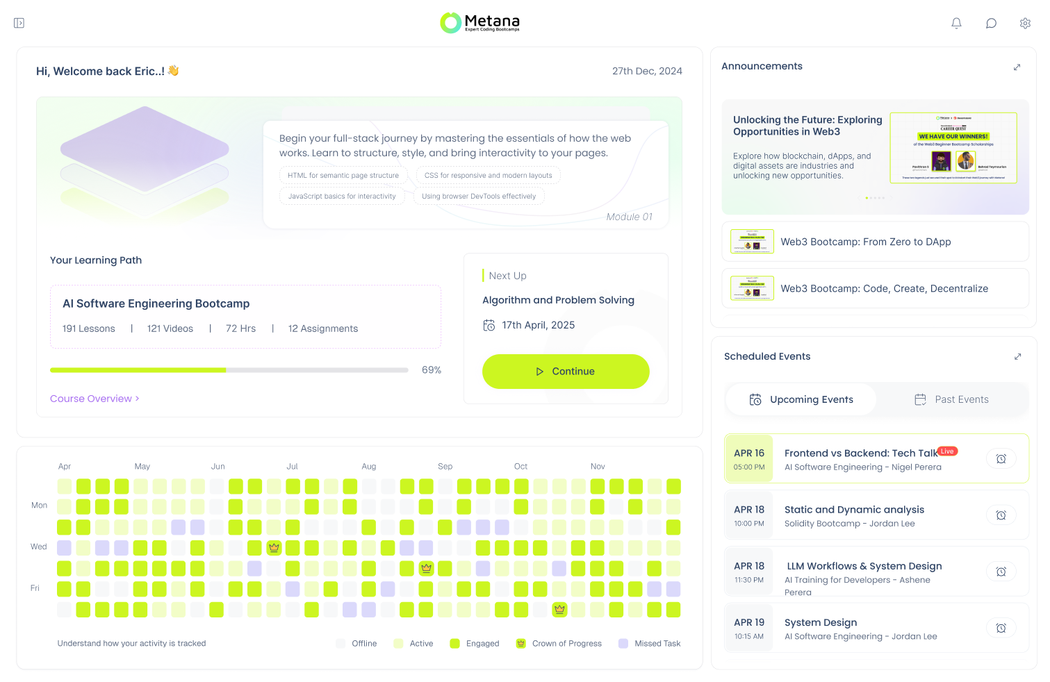 Metana learning platform dashboard showing learning path and progress tracker